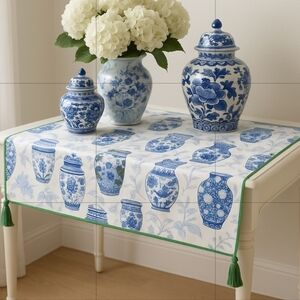 Custom Chinoiserie Ginger Jar Table Topper – 100% Cotton – Green Piping & Tassel